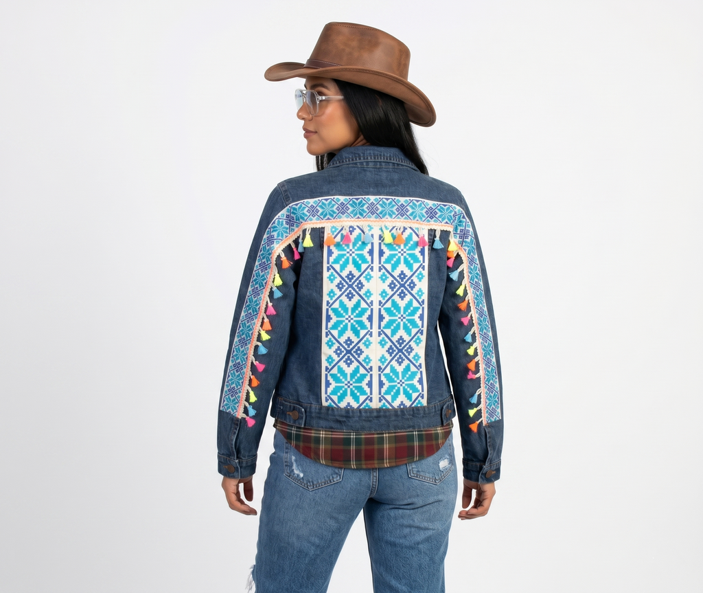 Chamarra de mezclilla con diseño de grecas y borlas multicolor estilo vaquero