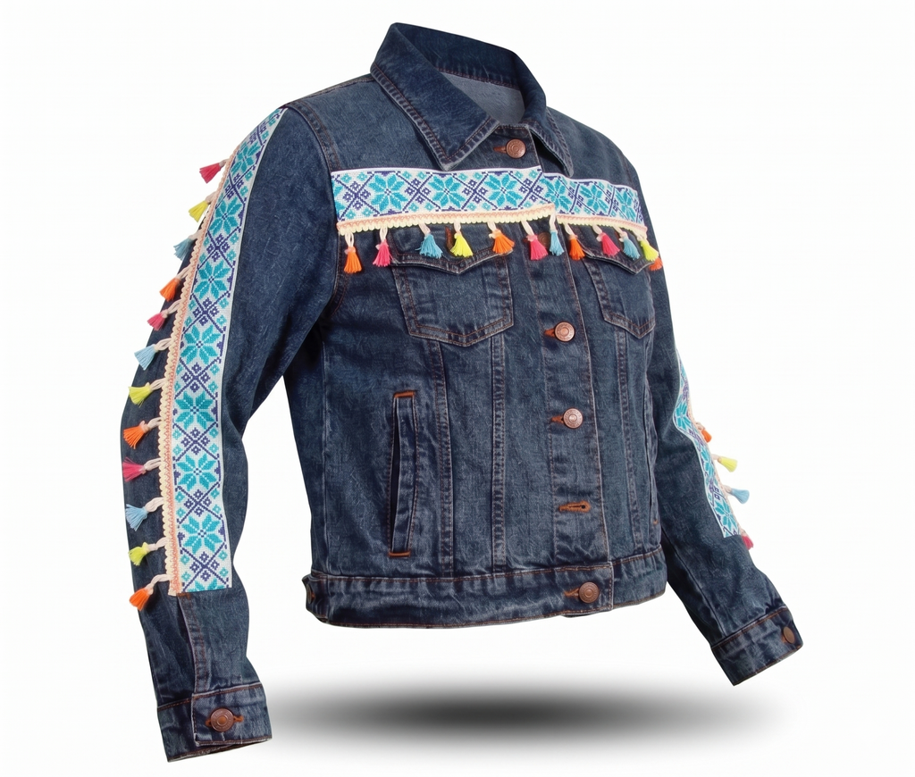 Chamarra de mezclilla con diseño de grecas y borlas multicolor estilo vaquero