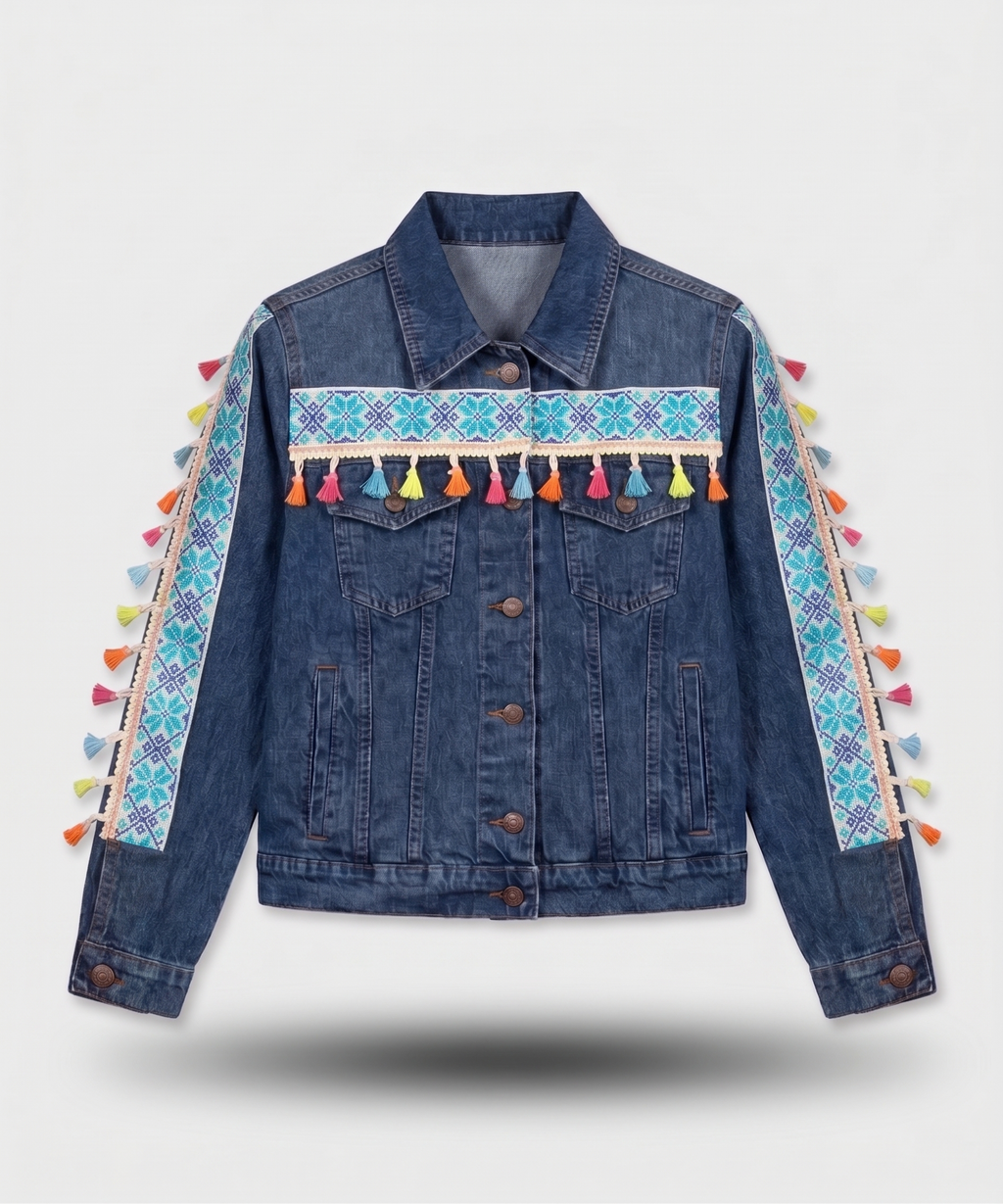 Chamarra de mezclilla con diseño de grecas y borlas multicolor estilo vaquero
