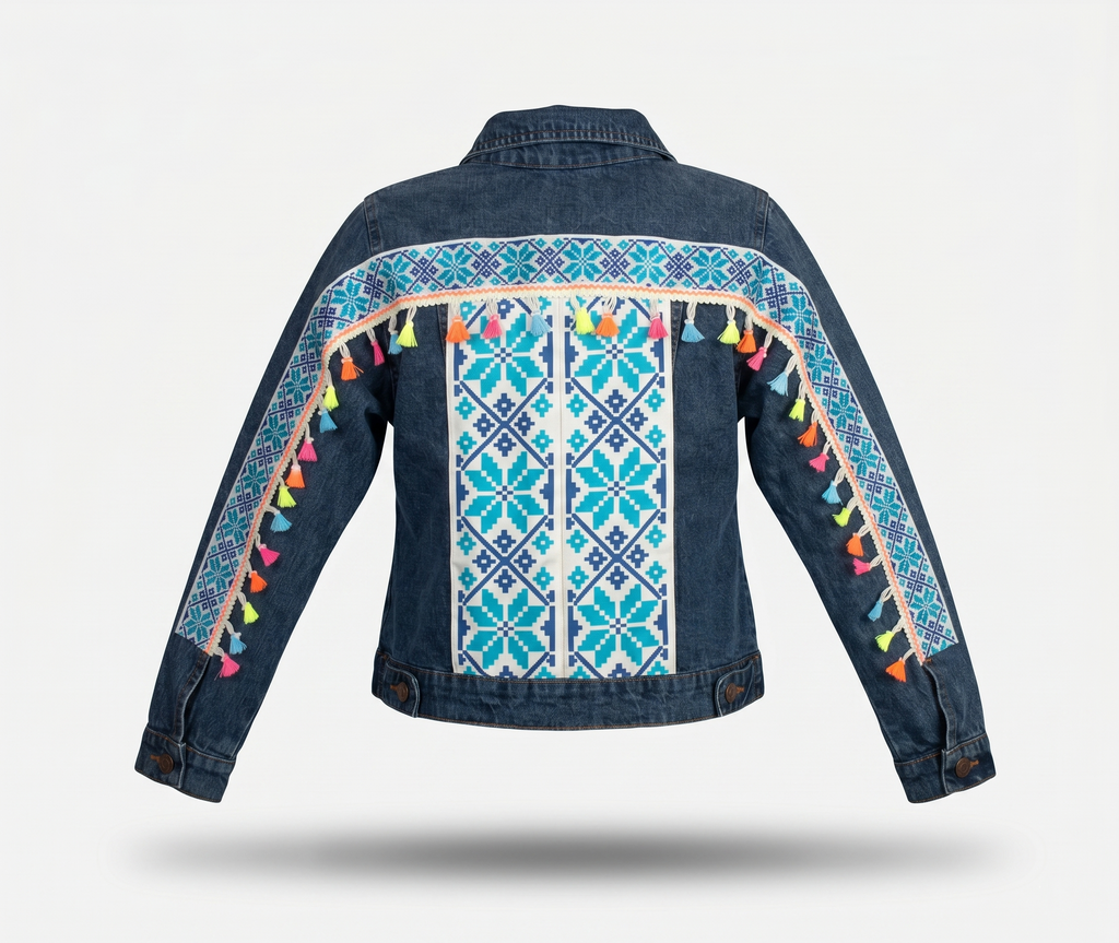 Chamarra de mezclilla con diseño de grecas y borlas multicolor estilo vaquero