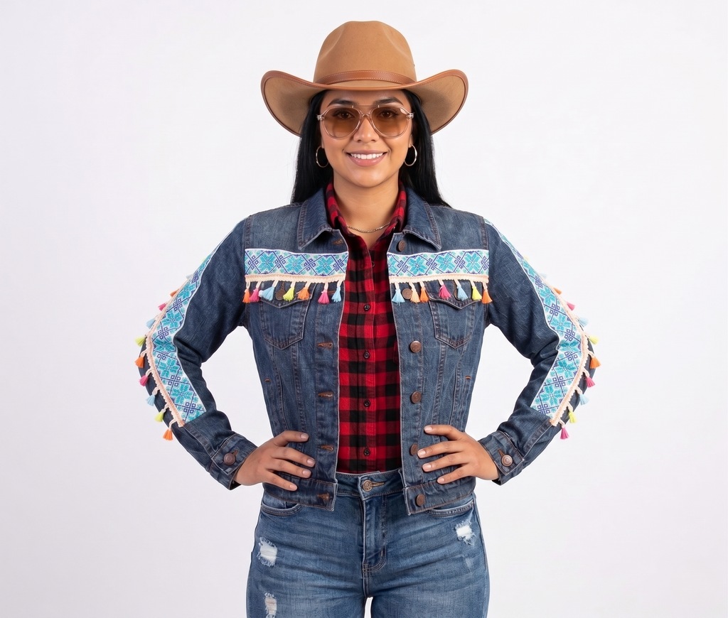 Chamarra de mezclilla con diseño de grecas y borlas multicolor estilo vaquero