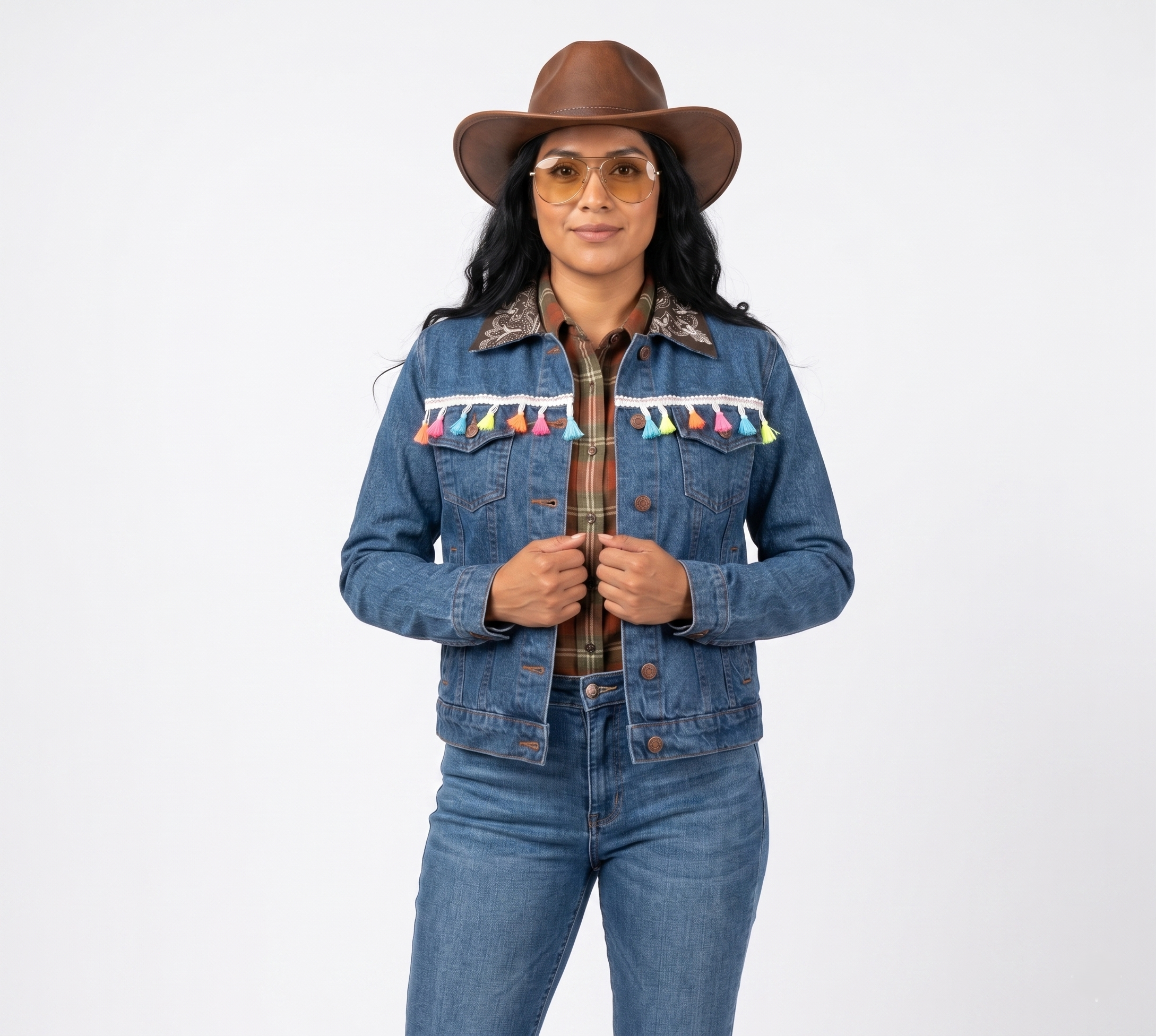Chamarra Denim Decorada con Flecos de Borlas Multicolores y Cuello Tipo Paliacate