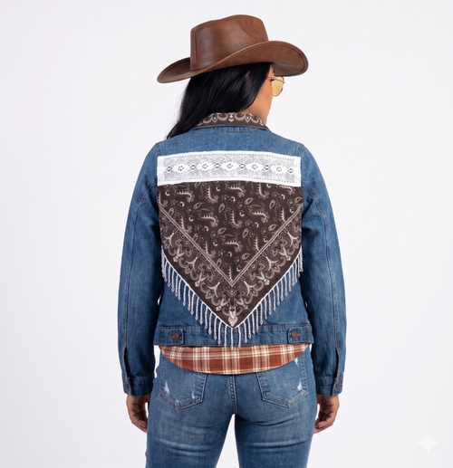 Chamarra Denim Decorada con Flecos de Borlas Multicolores y Cuello Tipo Paliacate